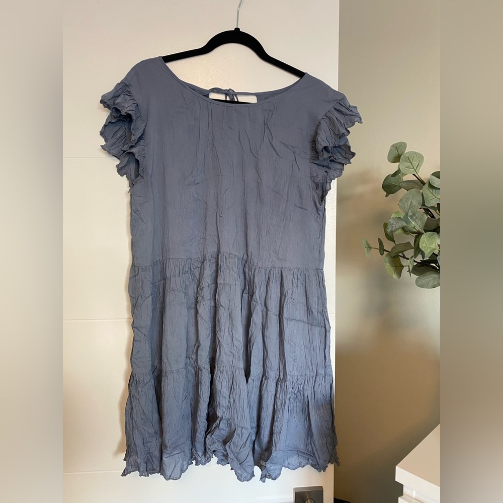 Aritzia Short Sleeve Ruffle Mini Dress in Dusty Blue